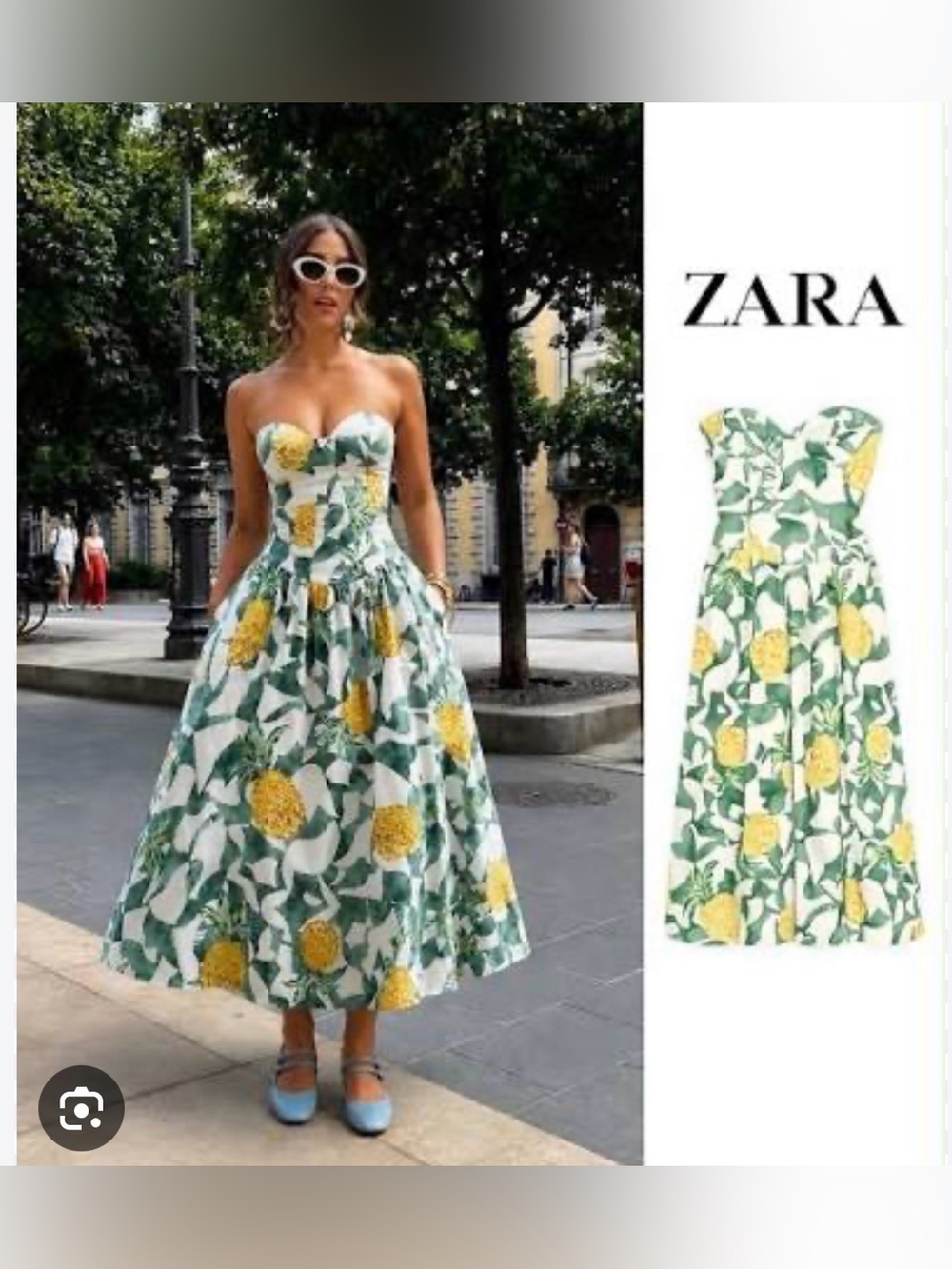 ZARA Strapless Sweetheart Midi Dress in Green & Yellow Floral